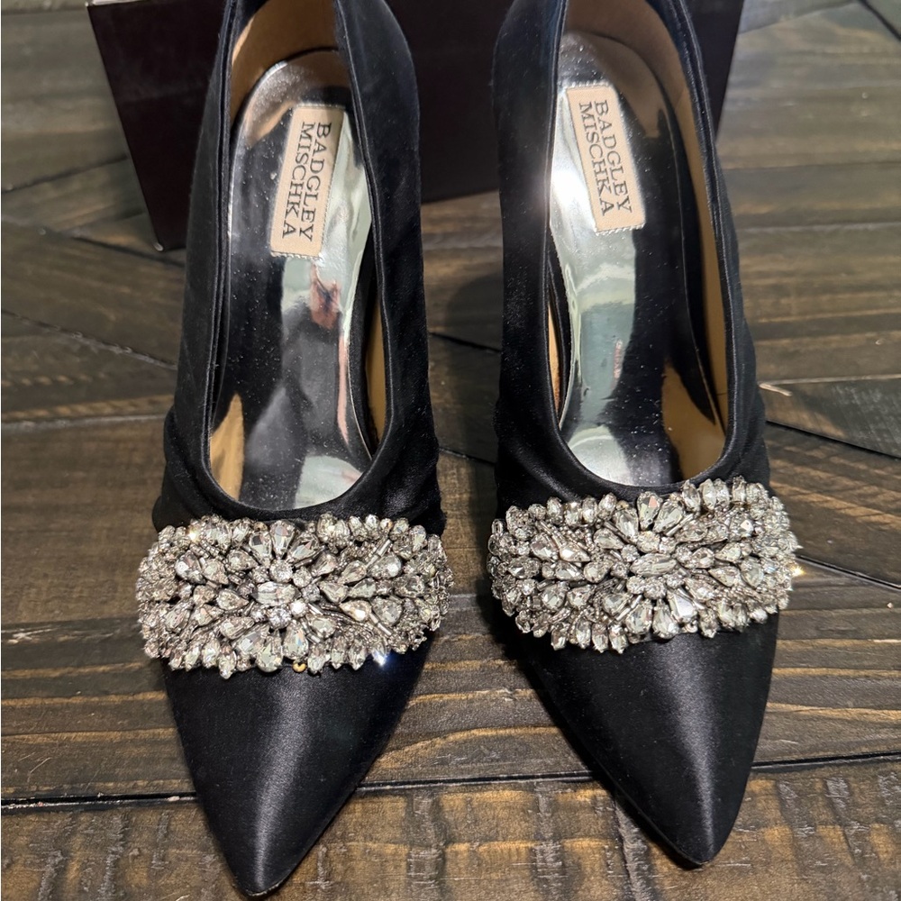 Badgley Mischka Black Satin Crystal-Embellished Pointed Pumps